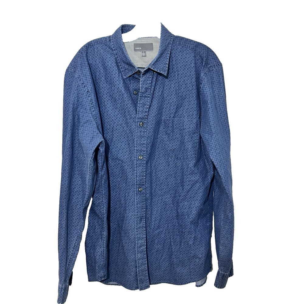Vince Shirt Mens XL Blue Chambray Texture Button Up Long Sleeve‎ Casual Check